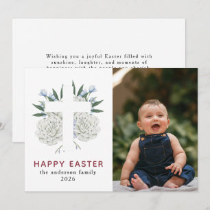 Elegant Modern Floral and Cross Happy Easter Photo Holiday Card