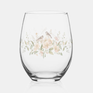 Elegant Modern floral Bird Overlay Flowers wedding Stemless Wine Glass