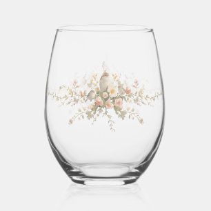 Elegant Modern floral Bird Overlay Flowers wedding Stemless Wine Glass