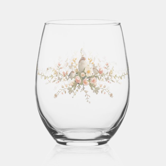 Elegant Modern floral Bird Overlay Flowers wedding Stemless Wine Glass (Front)