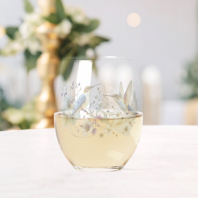Elegant Modern floral Bird Overlay Flowers wedding Stemless Wine Glass (Insitu (Wedding))