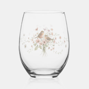 Elegant Modern floral Bird Overlay Flowers wedding Stemless Wine Glass