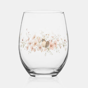 Elegant Modern floral Bird Overlay Flowers wedding Stemless Wine Glass