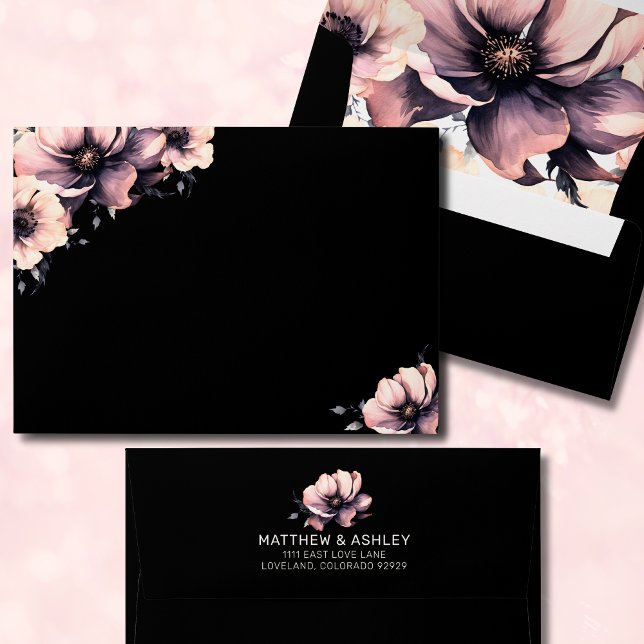 Elegant Modern Floral Black Pink Wedding Envelope (Elegant Trendy Modern Floral Black Pink Wedding envelope)