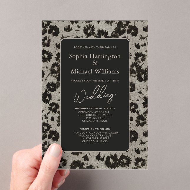 Elegant Modern Floral Black Silver Wedding Invite Acrylic Invitations (Insitu (Handheld))