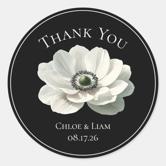 Elegant Modern Floral Black & White Wedding Classic Round Sticker (Front)