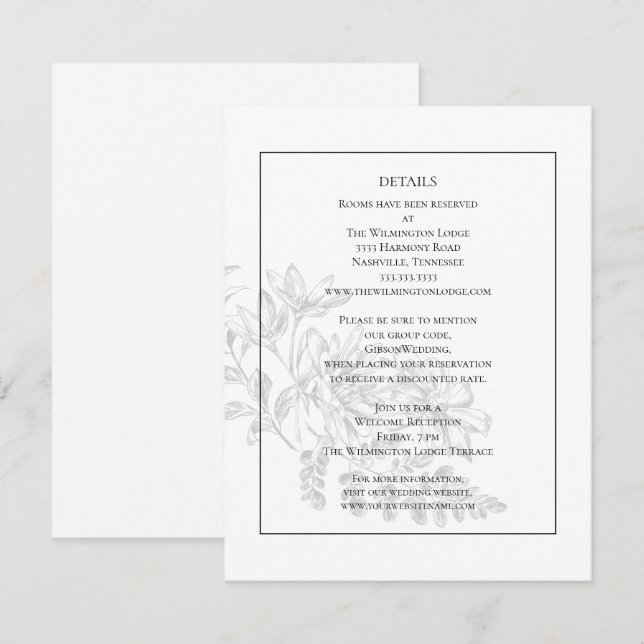 Elegant Modern Floral Black White Wedding Details  Enclosure Card (Front/Back)