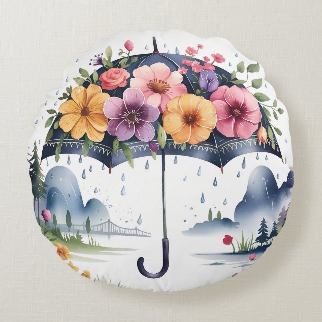 Elegant, Modern Floral Bloom Umbrella  Round Cushion (Front)