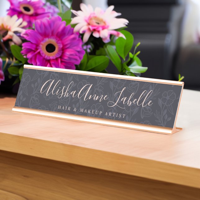 Elegant & Modern Floral Blush Black Pattern Desk Name Plate (Elegant & Modern Floral Blush Black Pattern Desk Name Plate)