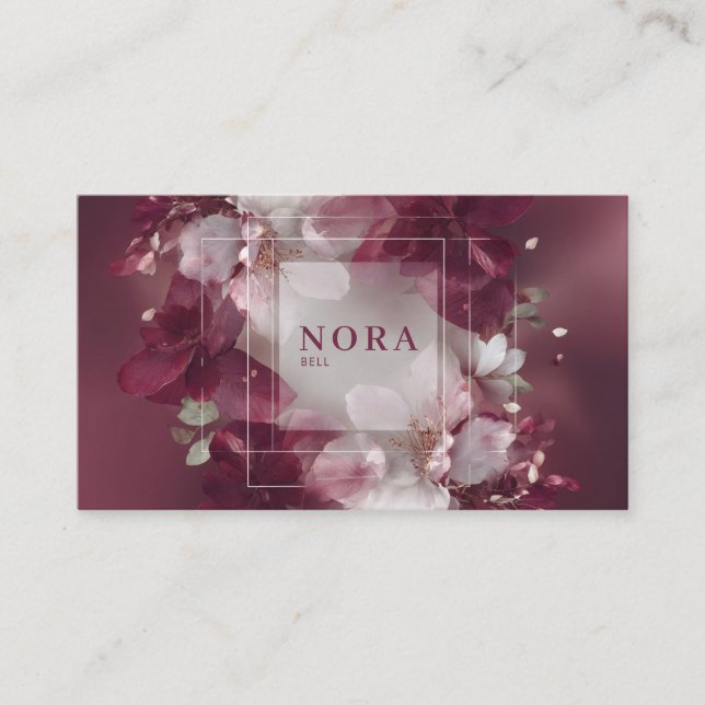 Elegant Modern Floral Burgundy & White Business Card (Front)