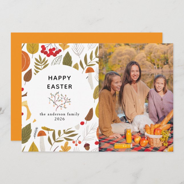 Elegant Modern Floral & Eggs Happy Easter Photo Holiday Card (Front/Back)