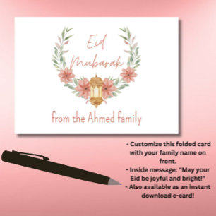 Elegant Modern Floral Eid Mubarak Name Pink White Card