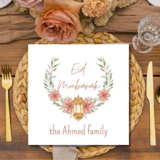 Elegant Modern Floral Eid Mubarak Name Pink White Napkin (Add these elegant, modern, floral wreath "Eid Mubarak" paper napkins to your holiday entertaining!)