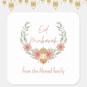 Elegant Modern Floral Eid Mubarak Name Pink White Square Sticker
