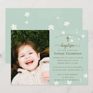 Elegant Modern Floral Girl Religious Baptism Photo Invitation