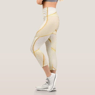 Elegant Modern Floral Gold White Line Collection Capri Leggings