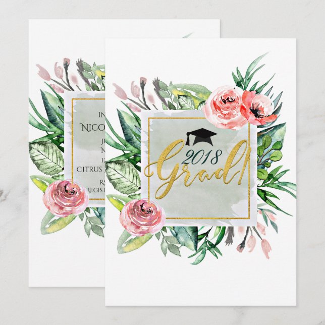 Elegant Modern Floral Graduation Grad Invitations (Front/Back)