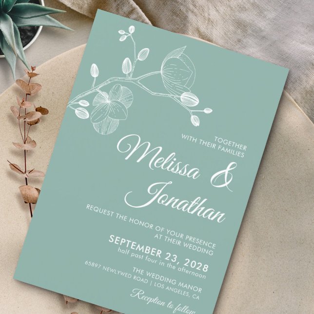 Elegant modern floral green white orchids wedding invitation (Creator Uploaded)