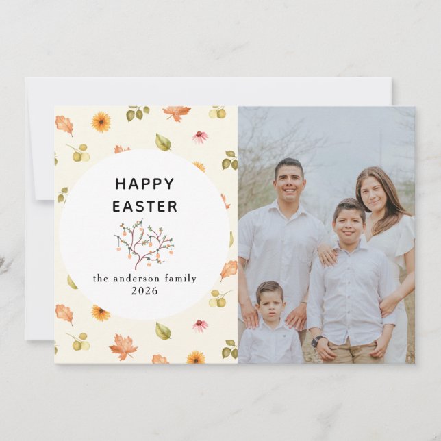 Elegant Modern Floral  Happy Easter Family Photo Holiday Card (Front)