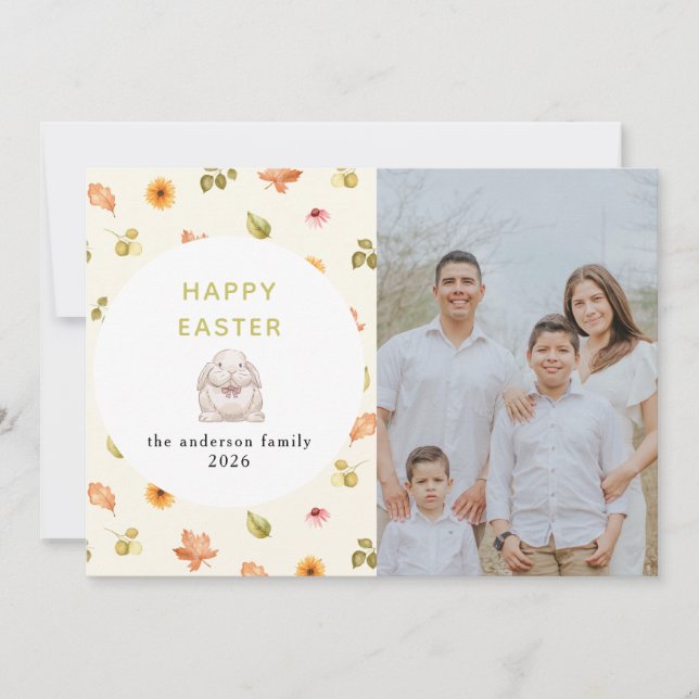 Elegant Modern Floral  Happy Easter Family Photo  Holiday Card (Front)