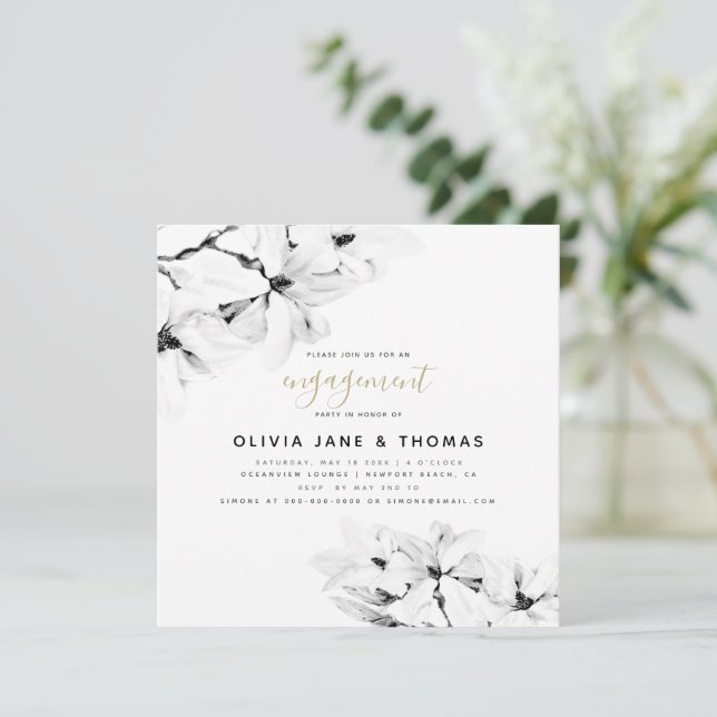 Elegant Modern Floral Magnolias Wedding Engagement Invitation (Standing Front)