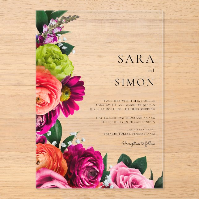 Elegant modern  floral peach wedding acrylic invitations (Front)