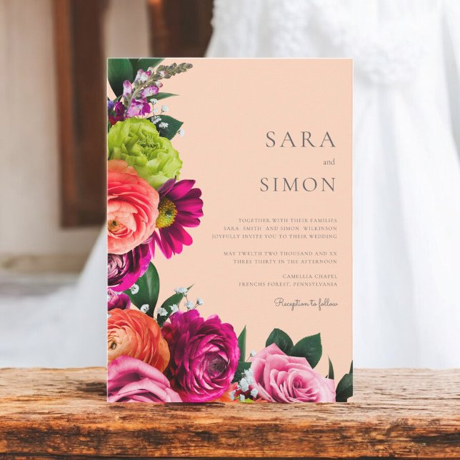 Elegant modern  floral peach wedding invitation (vibrant florals on a light pink background wedding invitation 
)