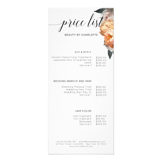 Elegant, Modern, Floral Peony price list Rack Card (Front)