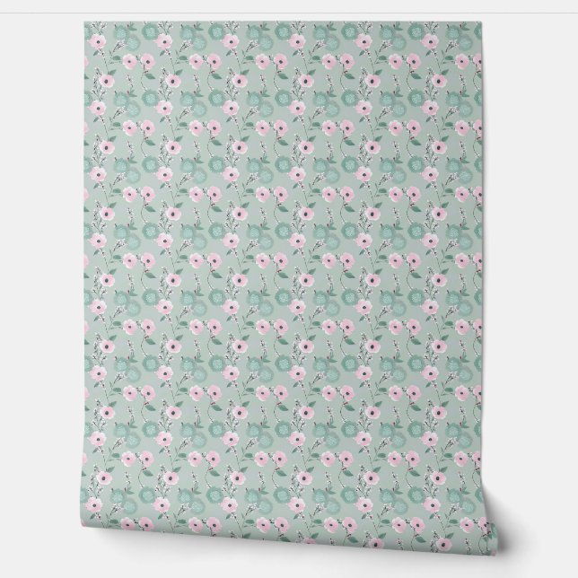 Elegant Modern Floral Pink and Green  Wallpaper (Unrolling)