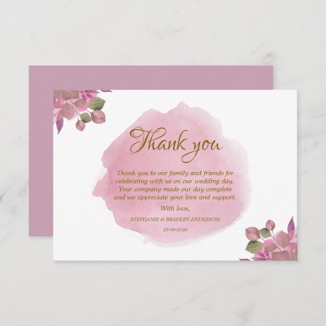 Elegant Modern Floral Pink Wedding Thank You Card (Front/Back)