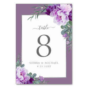 Elegant Modern Floral Purple & Silver Wedding Table Number