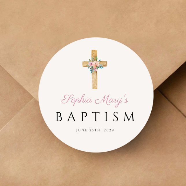 Elegant Modern Floral Religious Cross Baptism Classic Round Sticker (Elegant Modern Floral Religious Cross Baptism Classic Round Sticker)