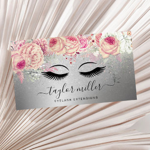 Elegant modern floral silver glitter eyelashes business card