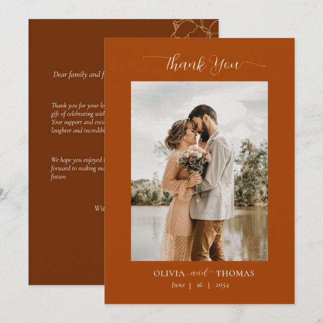 Elegant Modern Floral Sketch Autumn Wedding Photo Thank You Card (Front/Back)