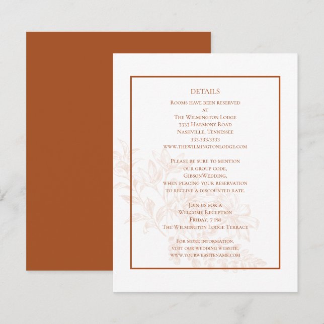 Elegant Modern Floral Terra Cotta Wedding Details Enclosure Card (Front/Back)