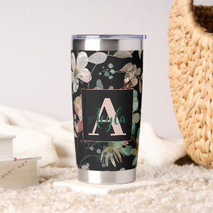 Elegant Modern Floral Watercolor on Black Monogram Insulated Tumbler