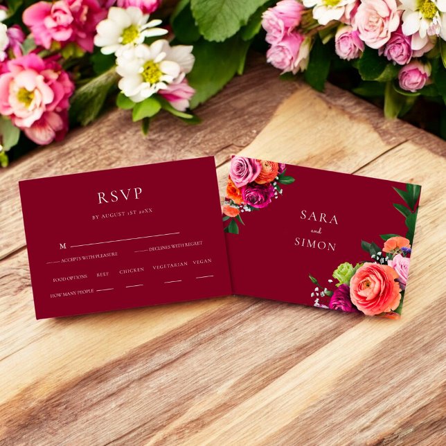 Elegant modern floral Wedding RSVP  Card (modern burgundy wedding rsvp card with food options )