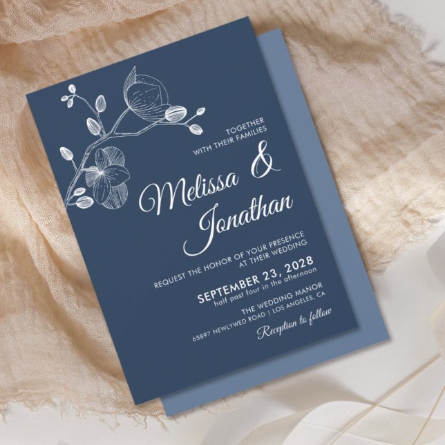 Elegant modern floral white orchids wedding blue invitation (Creator Uploaded)