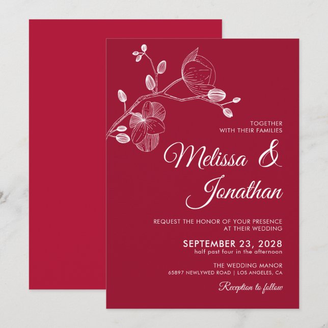 Elegant modern floral white red orchids wedding invitation (Front/Back)