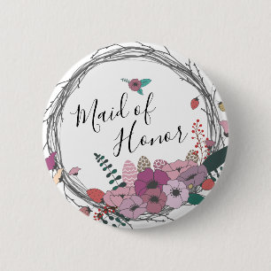Elegant & modern flower wreath maid of honour 6 cm round badge
