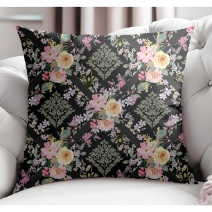 Elegant Modern Flowers and Floral Damask Black Cushion