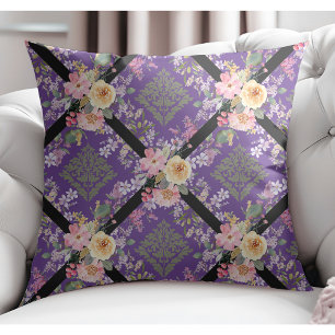 Elegant Modern Flowers and Floral Damask Lavender Cushion