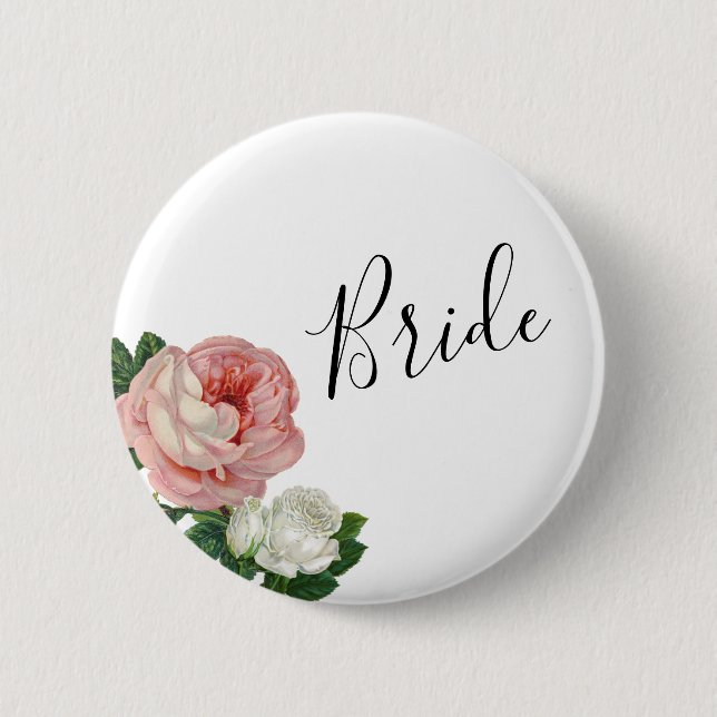 Elegant & modern flowers pink roses bride 6 cm round badge (Front)