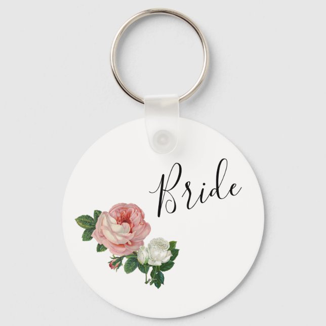 Elegant & modern flowers pink roses bride key ring (Front)