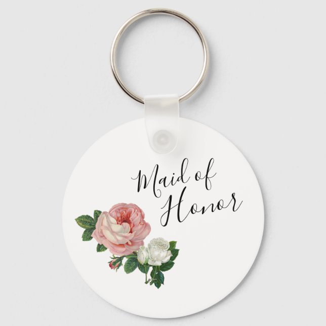 Elegant modern flowers pink roses maid of honour key ring (Front)