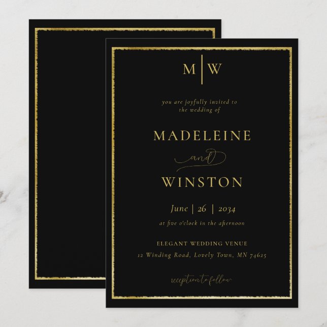 Elegant Modern Formal Initials Black Gold Wedding Invitation (Front/Back)