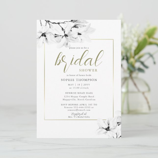 Elegant Modern Frame Magnolia Floral Bridal Shower Invitation (Standing Front)