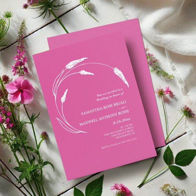 Elegant Modern Fuchsia Pink Wedding Invitation (Pink floral wedding invitations wildflower line art by Victoria Grigaliunas Do Tell A Belle)