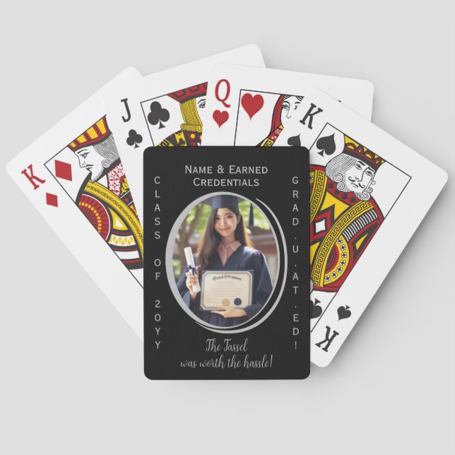 Elegant Modern, Fun Black, Silver Graduation Photo Playing Cards (Back)