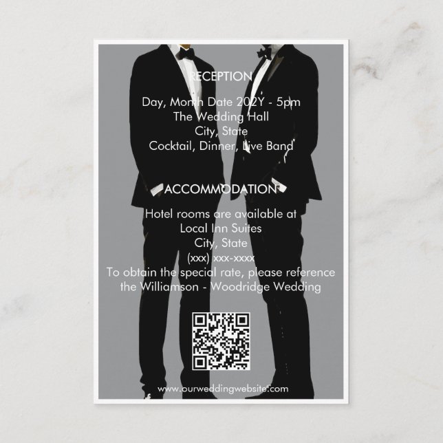Elegant Modern Gay Men Black Grey Wedding QR Code Enclosure Card (Back)